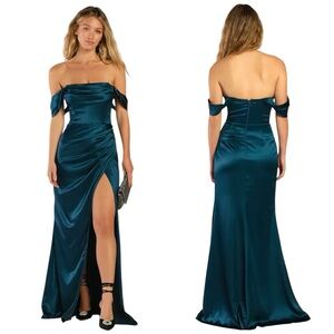 NWT Lulus Stunning Arrival Dark Teal Satin Off-Shoulder Maxi Dress $138 Retail